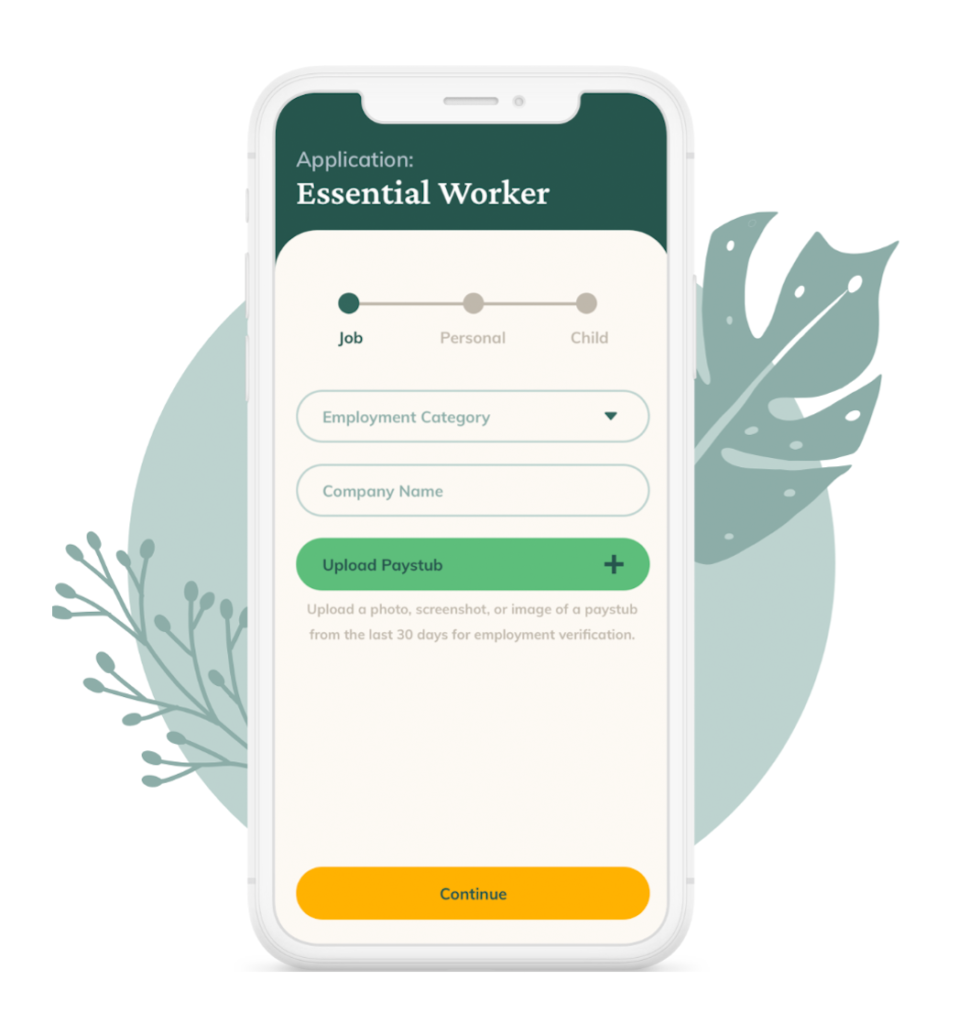 A graphic mocking up the kith.care site on a mobile phone. The phone is on top of a circle with plant imagery. The screen shows an ongoing application for an essential worker uploading their paystub.