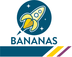 A rocket shaped like a banana blasts off, with the word "BANANAS" below and stars in the background.