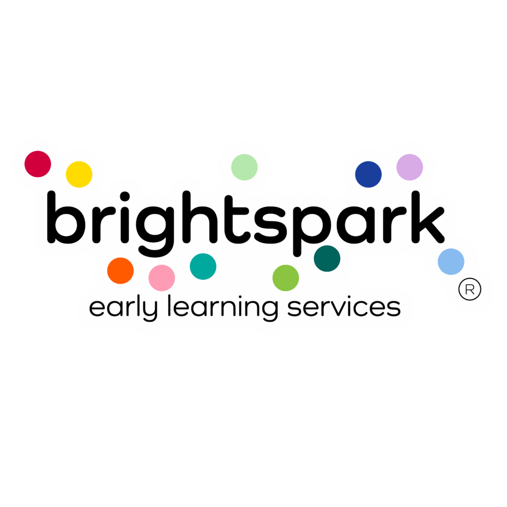 Brightspark early learning services logo with colorful dots surrounding the text on a white background.
