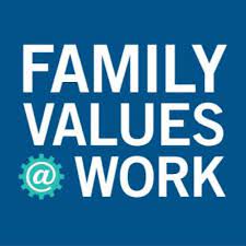 White text on blue square background reads "FAMILY VALUES @ WORK" with a gear symbol around the @.