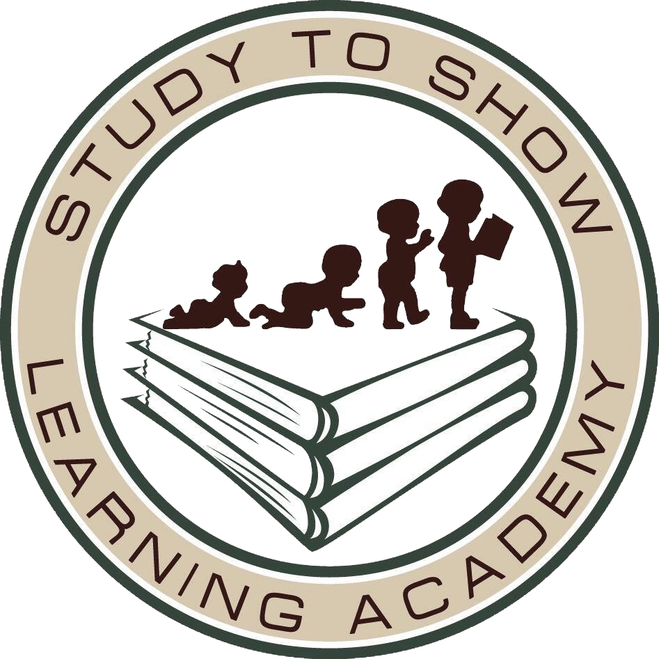 A logo with children on books and the words "Study to Show Learning Academy" in a circular border.