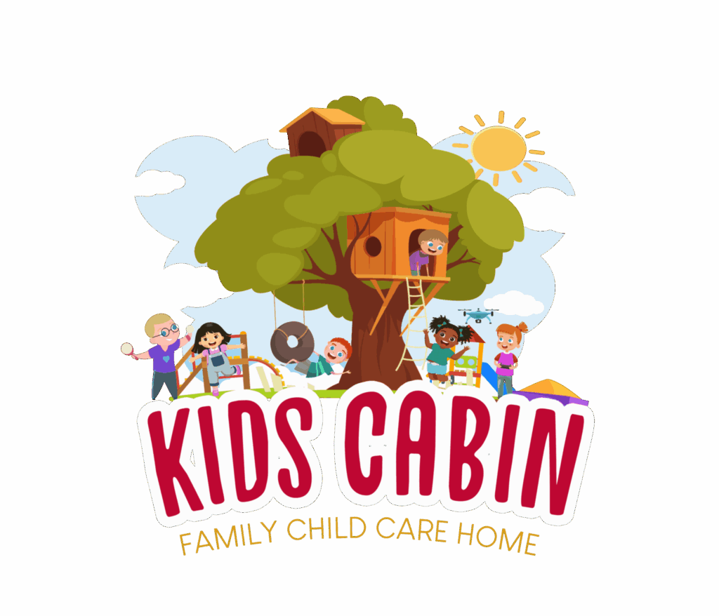 Cartoon children playing around a treehouse with the text "Kids Cabin Family Child Care Home.