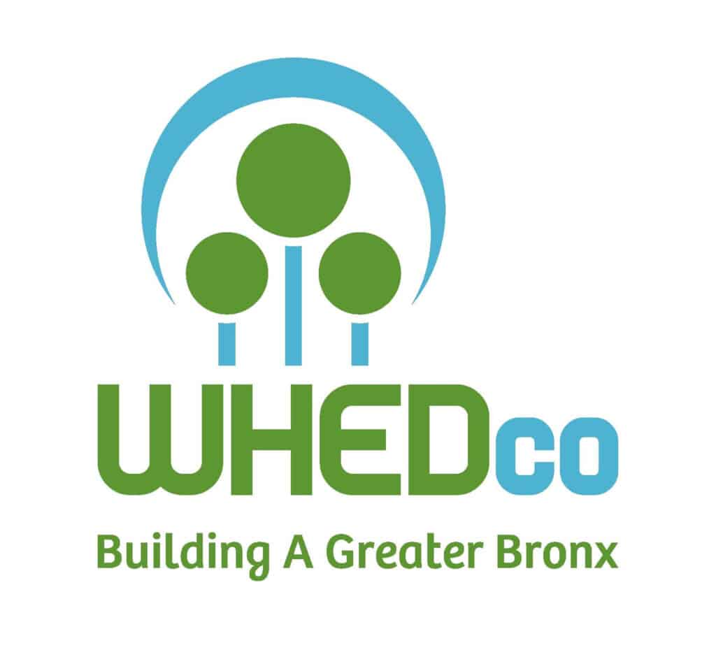 WHEDco logo with three green trees and blue arc, text: "Building A Greater Bronx.