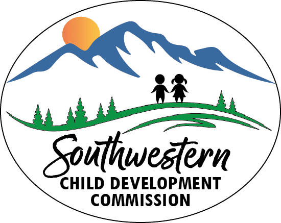 Logo with mountains, sun, trees, and two children holding hands above "Southwestern Child Development Commission.