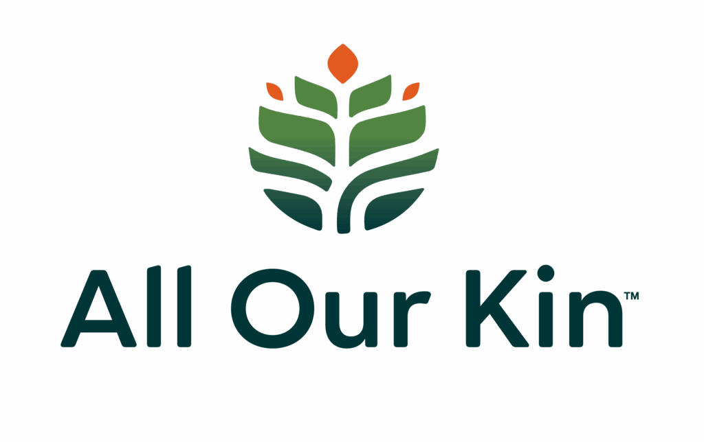 All Our Kin logo with a stylized green plant and orange center above the text.