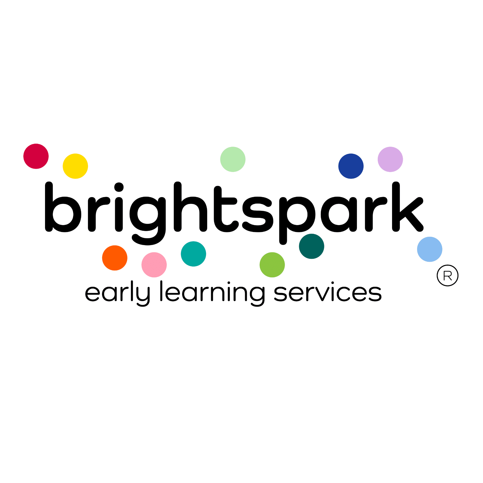 Brightspark early learning services logo with colorful dots on a white background.