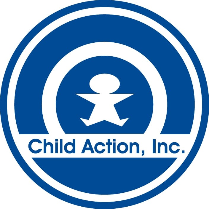 Blue and white circular logo with a stylized child figure and the text "Child Action, Inc." at the bottom.