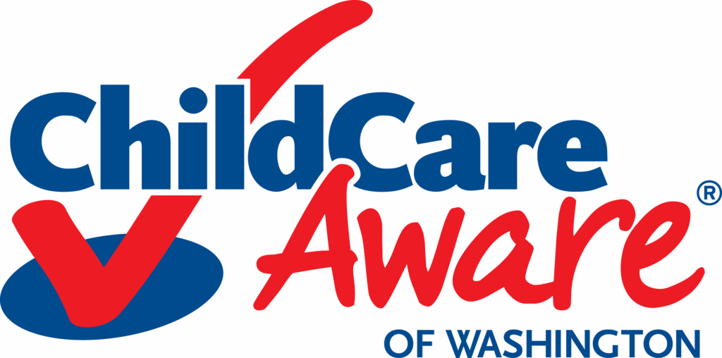 Child Care Aware of Washington logo with red and blue check mark and text.