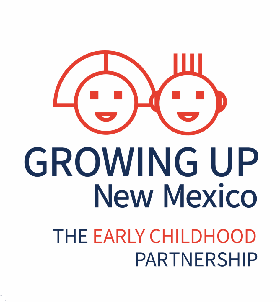 Two simple childlike faces above the text: "GROWING UP New Mexico THE EARLY CHILDHOOD PARTNERSHIP.
