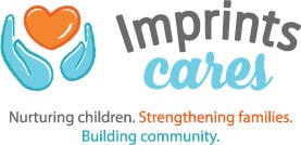 Logo with blue hands holding an orange heart, and text: Imprints Cares. Nurturing children. Strengthening families.