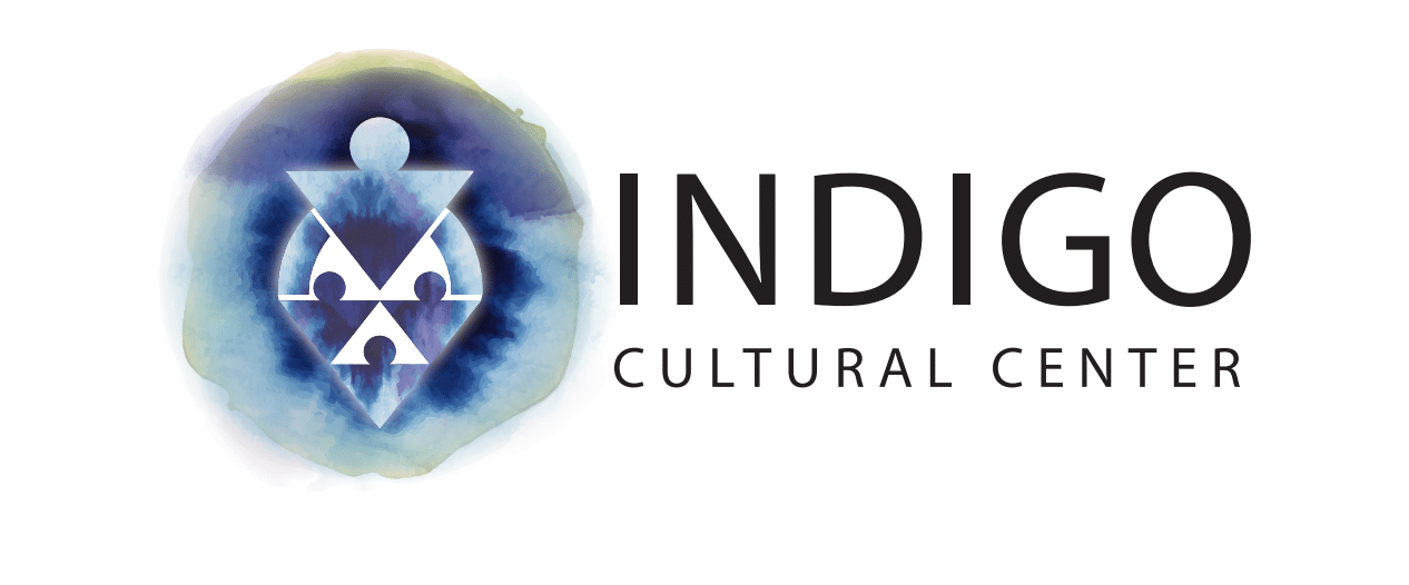 Indigo Cultural Center logo with geometric design on a watercolor indigo circle background.