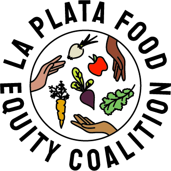 Logo with three diverse hands reaching for vegetables, surrounded by "La Plata Food Equity Coalition" text.