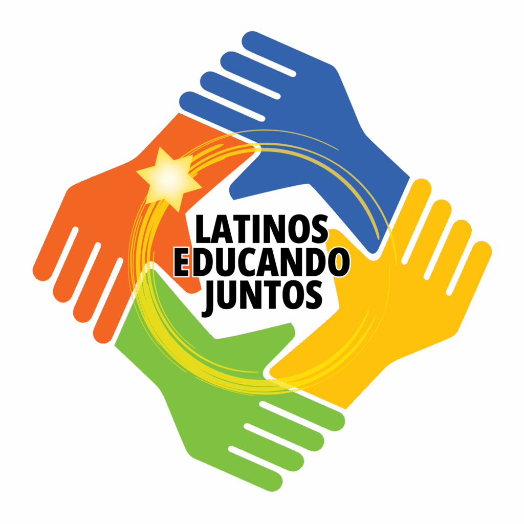 Four colorful hands forming a circle with the text "Latinos Educando Juntos" in the center.