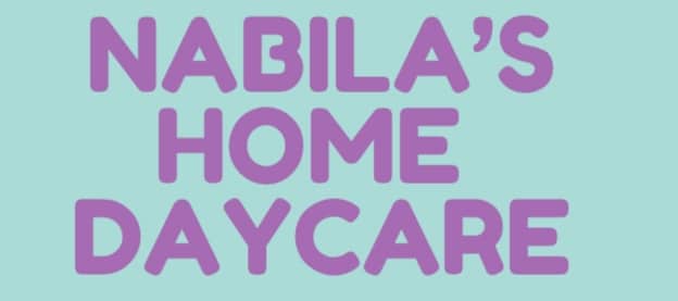 Text "Nabila's Home Daycare" in bold purple letters on a light blue background.