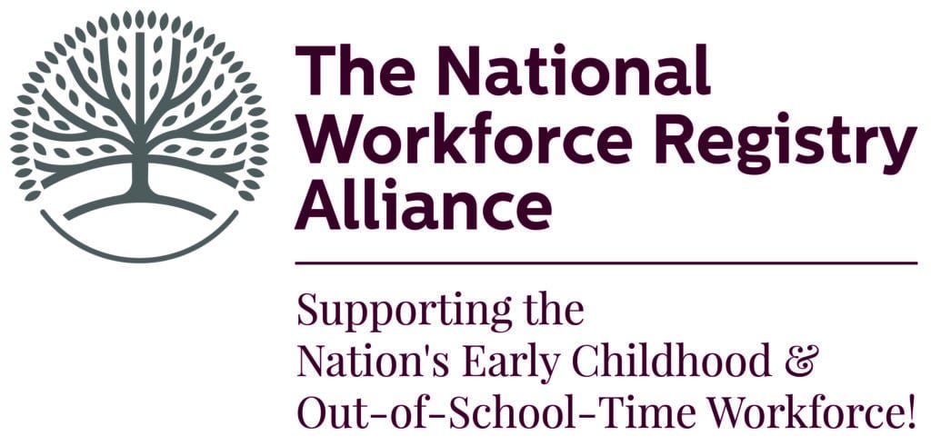 Logo of The National Workforce Registry Alliance with a tree graphic and supporting text for early childhood workforce.