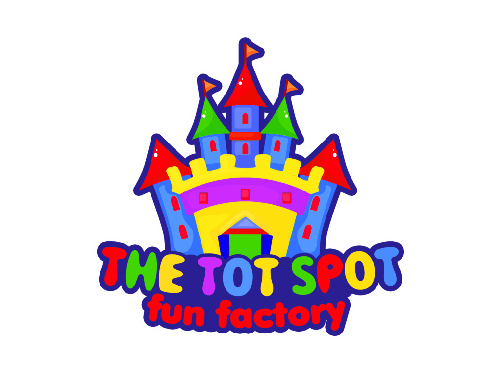 Colorful cartoon castle with "The Tot Spot Fun Factory" written below in playful, multicolored letters.