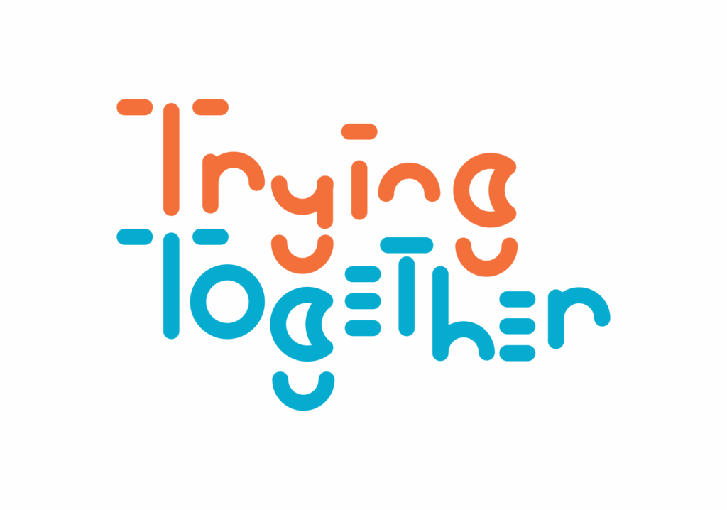 Text in rounded orange and blue letters reads "Trying Together" on a light background.