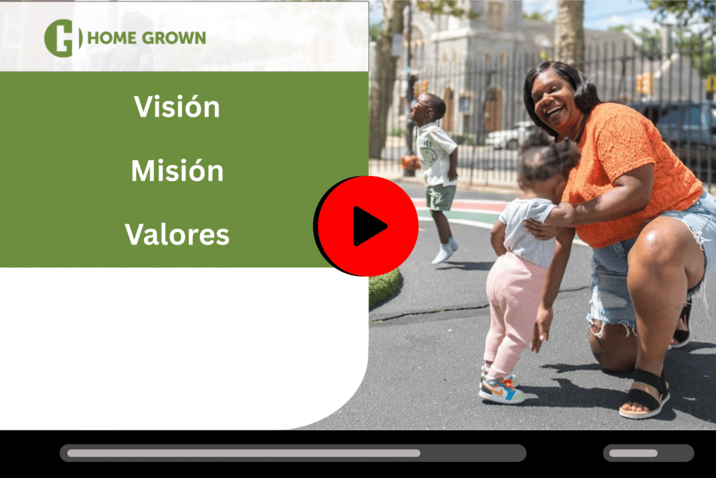 Woman smiling with two children at a playground; text reads “Visión, Misión, Valores” on green panel.