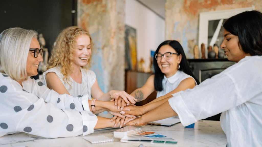Four women smiling and stacking hands together at a table, suggesting teamwork and collaboration.