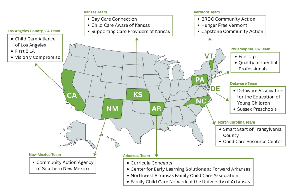 Map of the USA highlighting 7 states with boxes listing child care organizations in each.