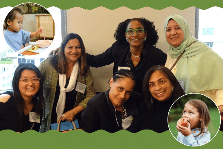 Six women pose and smile together; inset photos show two young children eating food at different times.