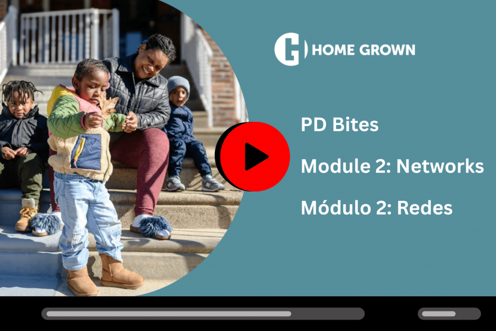 Children and an adult sit on steps; text reads “PD Bites, Module 2: Networks, Módulo 2: Redes” with a play button.