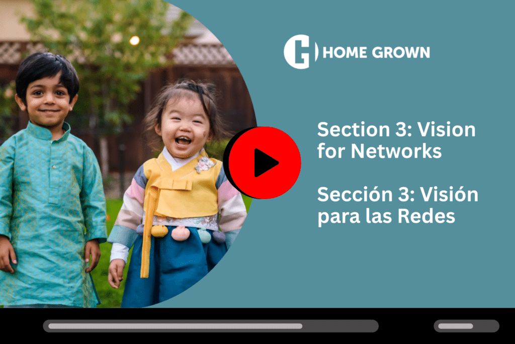 Two young children smile outdoors next to text about “Vision for Networks” in English and Spanish.