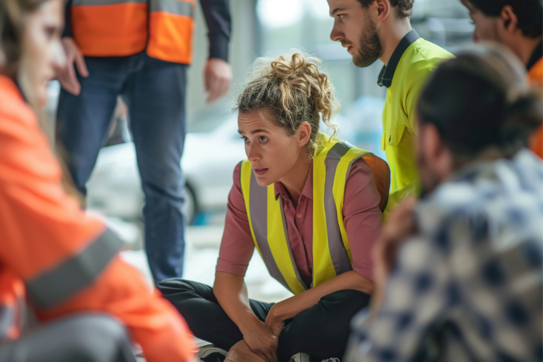 A woman in a yellow safety vest sits on the floor, listening to a team discussion at a construction site.
