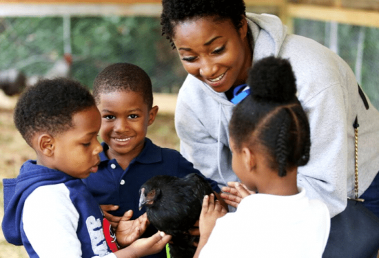 A woman and three children smile and gently pet a black chicken at an outdoor enclosure.