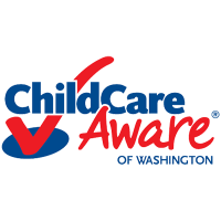 Child Care Aware of Washington logo with red checkmarks and blue and red text.