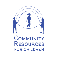 Blue logo of two kids turning a jump rope for a child, with text: "Community Resources for Children.