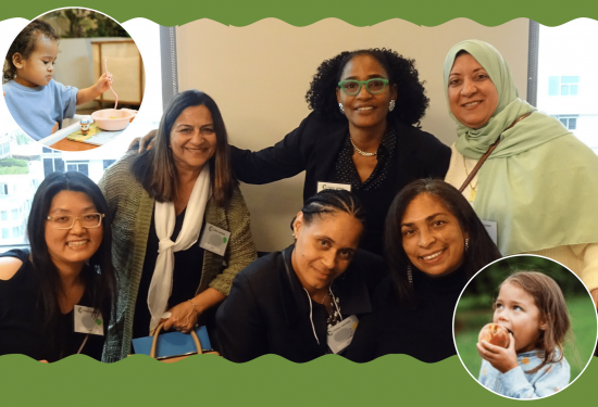 Six women pose and smile together; inset photos show two young children eating food at different times.
