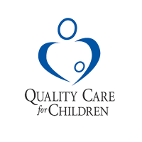 Blue abstract adult and child forming a heart shape above the words “Quality Care for Children.”.